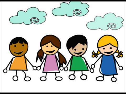 Cartoon image of 4 kids holding hands with clouds above them