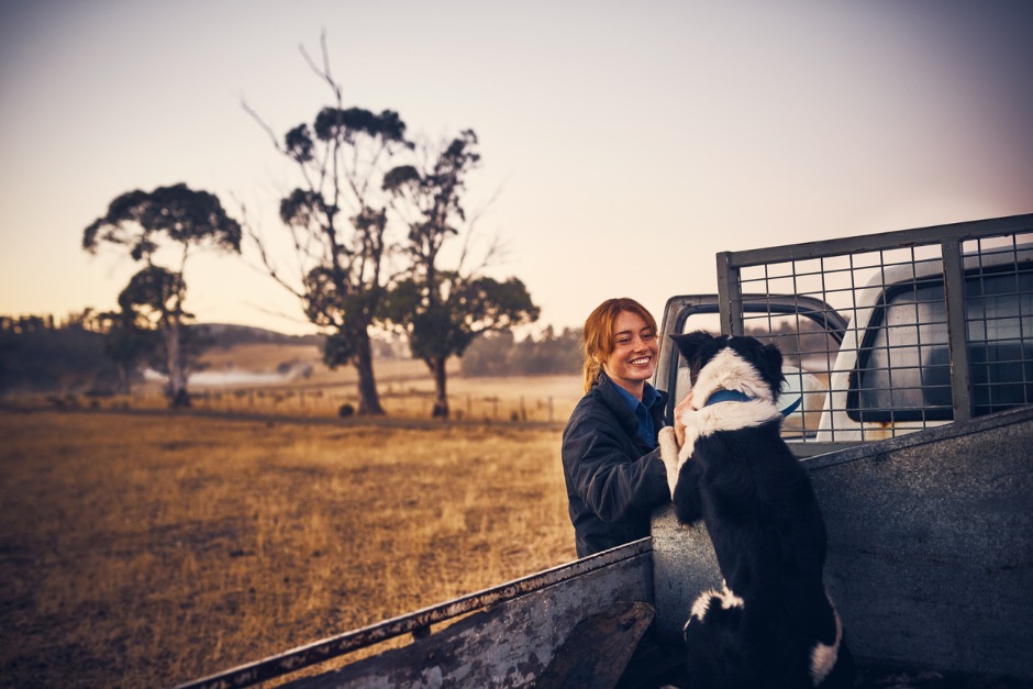 Image of a woman petting a working dog on a ute tray.