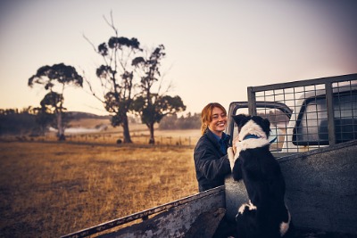 Image of women petting a working dog on the tray of a ute