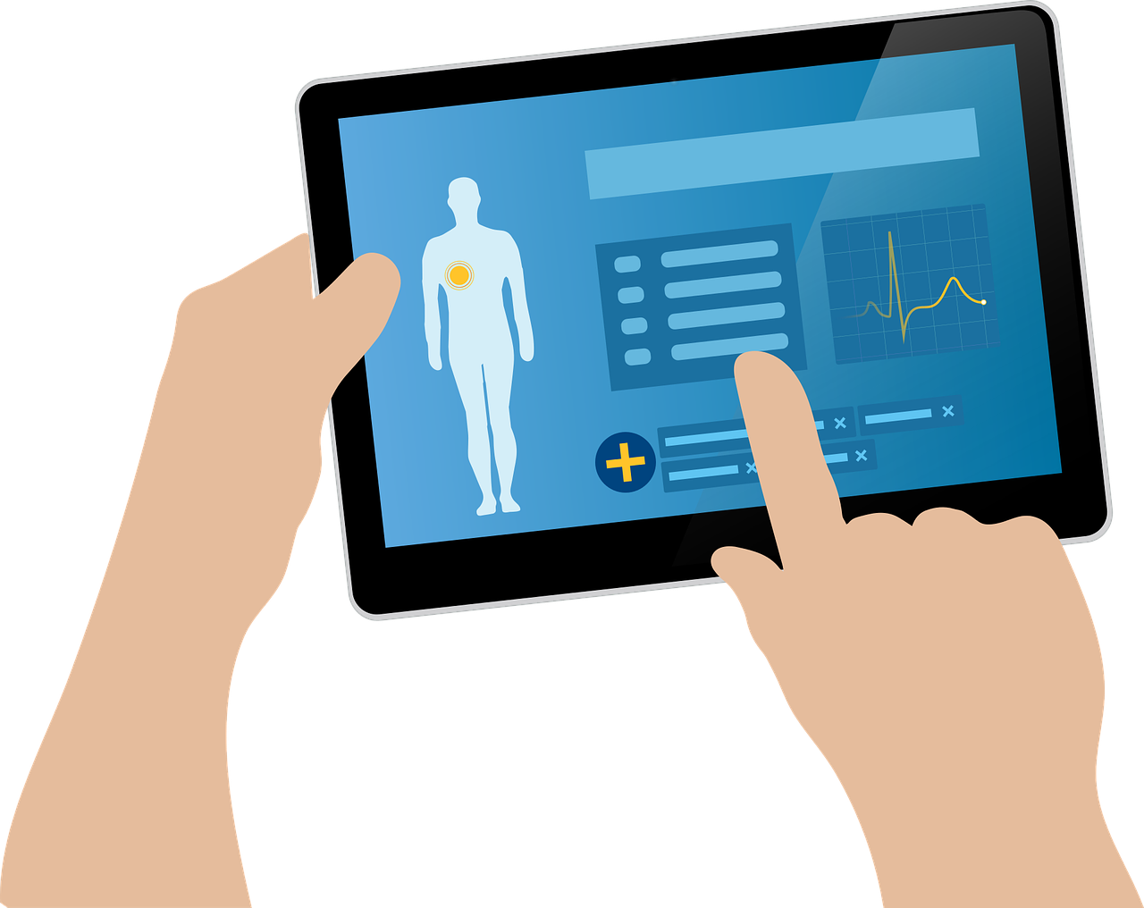 Graphic of hands holding a tablet with a health record on screen