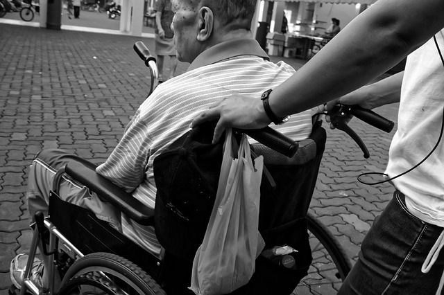 Carer pushing an elderly gentleman in a wheelchair