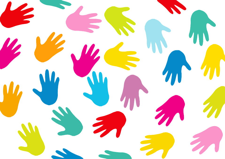 Hands forming a circle coloured in red, green, pink, yellow and blue