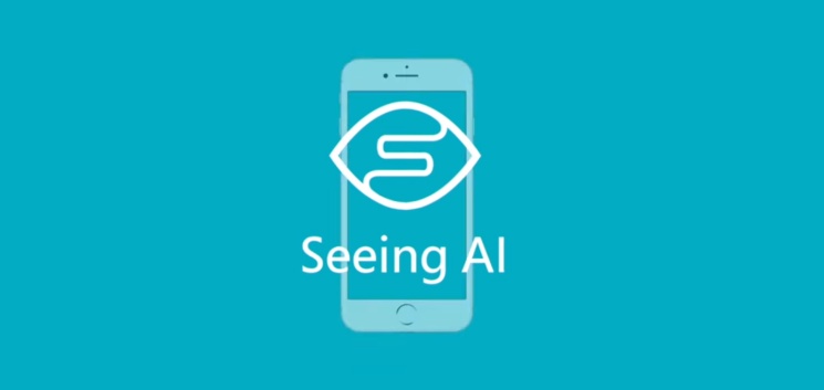 Blue background with a mobile phone and a depiction of an eye with the words "Seeing AI"