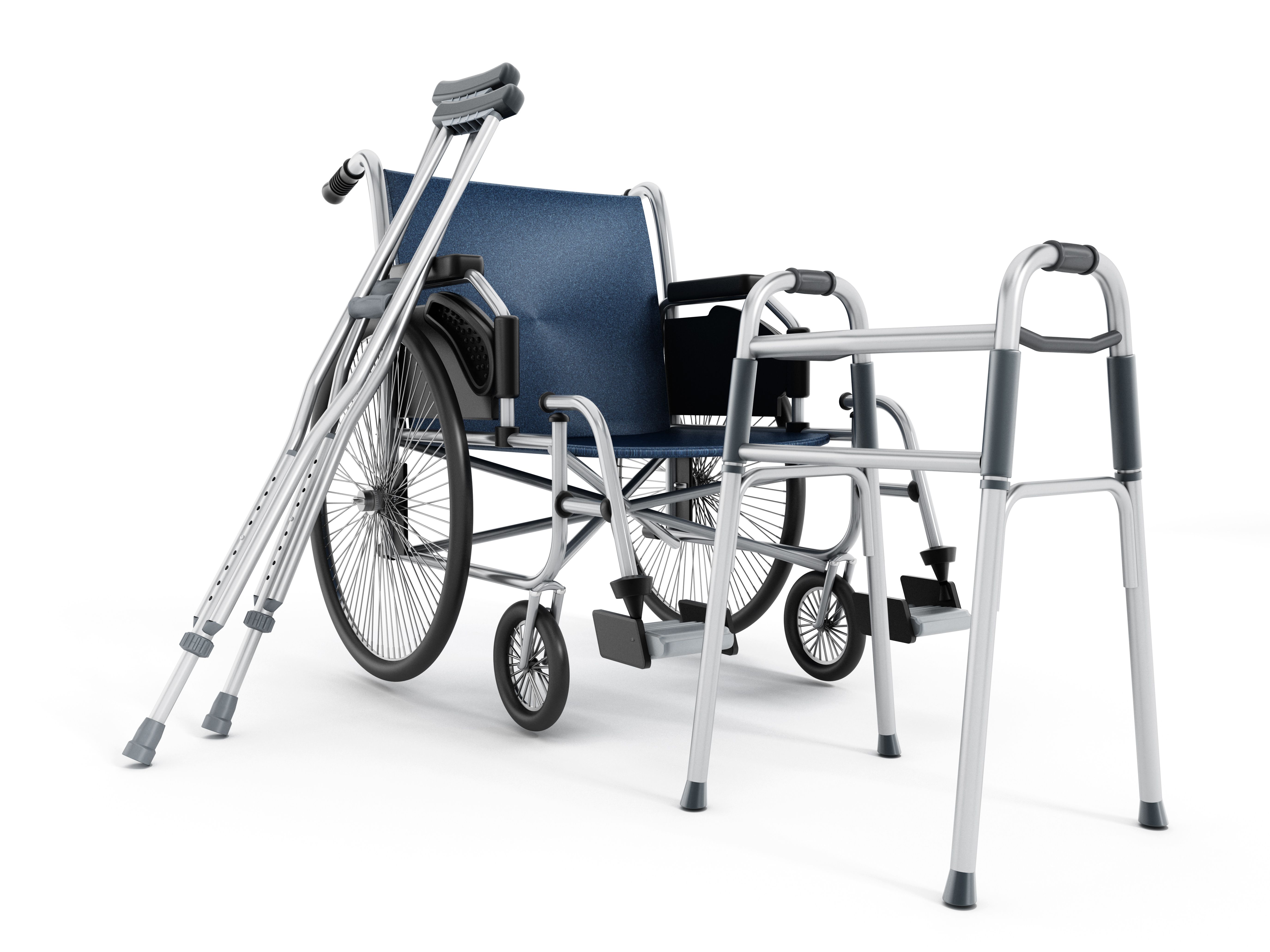 Range of mobility aids - wheelchair, crutches and walking frame. 