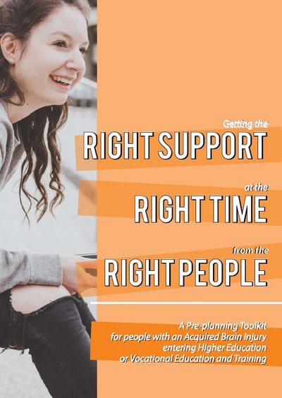 Right Support, Right Time, Right People written across an orange background with a young girl sitting and smiling 