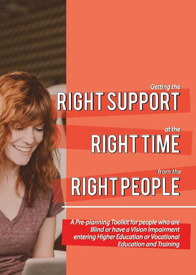 Woman with long red hair smiling, Right support, Right time, Right People written across red background
