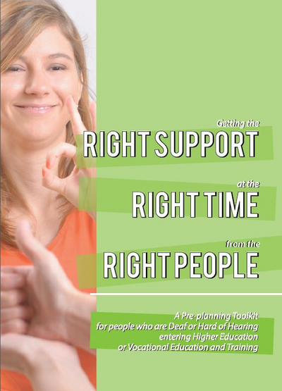 Lady signing and smiling, right support, right time, right people written across a light green background