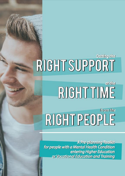 Young man smiling, right support, right time, right people written across aqua background