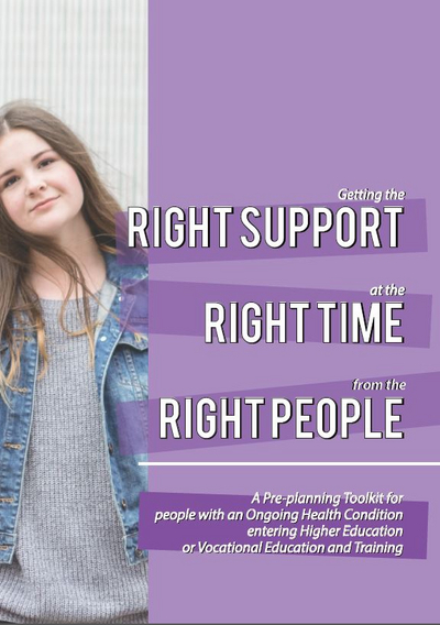 Young girl looking forward, Right support, right time, right people written across purple background